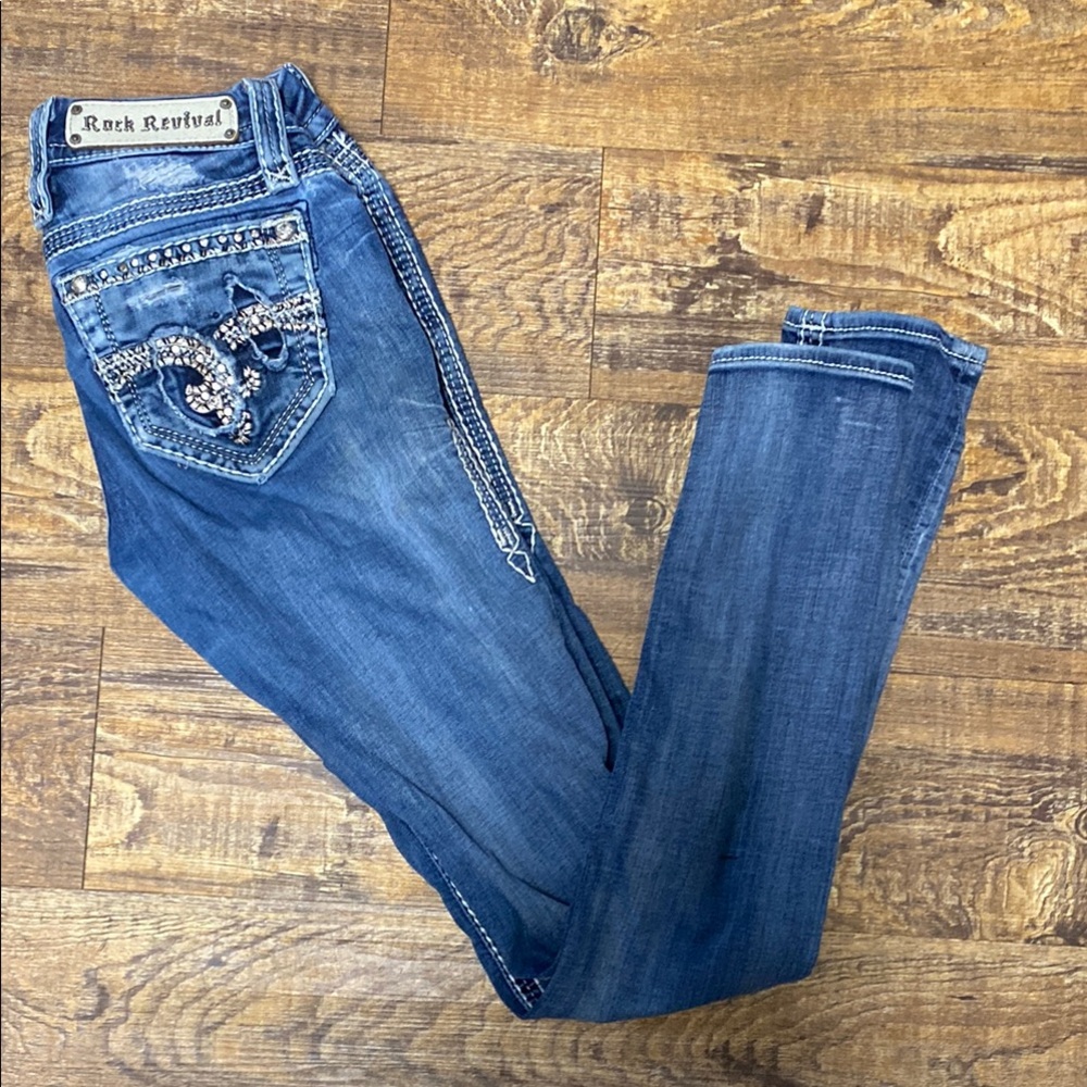 Rock Revival Luiza size 25 skinny Denim with Silver Accents stretch‎ bling biker